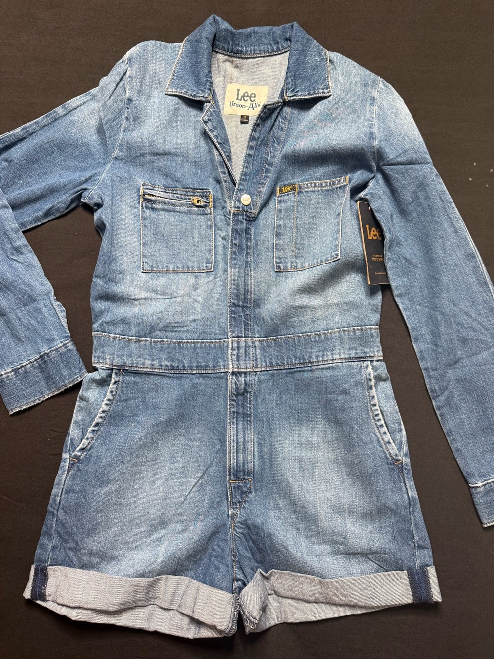 Lee Union-Alls Blue Denim Short Coveralls Long Sleeve Zip Front Women Mechanic S